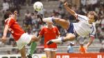 Geste acrobatique d'un Michel Platini diminué, lors du premier tour de la Coupe du Monde 1986, face à la Hongrie.