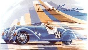 Dessin de type 'art déco' mettant en avant la performance des Peugeot 402 Darl'Mart lors des 24 Heures du Mans 1937