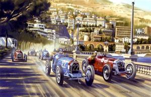 Carte postale représentant Louis Chiron et sa Bugatti Type 51 numéro 22 au duel avec la Maserati Tipo 26 M numéro 52 de Luigi Fagioli. Le monégasque bouclera les cent tours avec près de quatre minutes d'avance sur son poursuivant