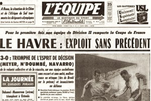 Le journal L'Équipe fait sa une avec l'exploit du Havre, devenu en 1959, le premier club vainqueur de la Coupe de France sans évoluer dans l'Élite