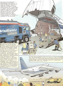Illustration dans le Michel Vaillant 'Cairo' (n° 63) du pont aérien mis en place lors du Dakar 2000, à la suite de menaces terroristes sérieuses, sur le territoire mauritanien